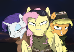 Size: 2820x1980 | Tagged: safe, artist:rutkotka, derpibooru import, applejack, fluttershy, rarity, earth pony, pegasus, pony, unicorn, g4, alternate timeline, badass, camouflage, clothes, crystal war timeline, female, flutterbadass, goggles, grin, gritted teeth, horn, mare, military, military pony, military uniform, smiling, teeth, trio, uniform