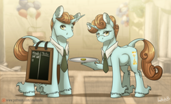 Size: 2082x1272 | Tagged: safe, artist:inuhoshi-to-darkpen, derpibooru import, pony, unicorn, g4, beyond (g4), bioshock, bioshock infinite, brother and sister, chalkboard, clothes, coin, duo, female, horn, infinity (g4), looking at you, lutece twins, male, mare, my little pony: friendship is magic, necktie, patreon, patreon logo, ponified, robert lutece, rosalind lutece, siblings, signature, species swap, stallion, tally marks, trade ya!, tray, twins, unshorn fetlocks