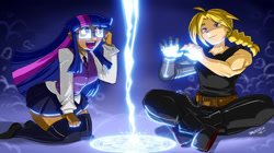 Size: 1850x1039 | Tagged: safe, artist:shonuff44, derpibooru import, twilight sparkle, human, g4, alchemy, clothes, crossover, duo, edward elric, female, fullmetal alchemist, glasses, humanized, lightning, magic, magic circle, male, microskirt, miniskirt, open mouth, skirt, socks, thigh highs, thigh socks, thighlight sparkle, thighs, thunder thighs, transmutation circle