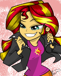 Size: 2188x2742 | Tagged: safe, artist:alligatorgummy, artist:lunchie, derpibooru import, sunset shimmer, human, equestria girls, g4, rainbow rocks, abstract background, clothes, credits, eyebrows, eyebrows visible through hair, female, grin, jacket, leather, leather jacket, shine like rainbows, skirt, smiling, smirk, solo, teeth