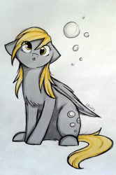 Size: 1521x2295 | Tagged: safe, artist:chimeeri, derpibooru import, derpy hooves, pegasus, pony, g4, bubble, cute, derpabetes, ears, female, floppy ears, mare, sitting, solo, traditional art