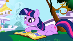 Size: 1920x1080 | Tagged: safe, derpibooru import, screencap, twilight sparkle, unicorn twilight, pony, unicorn, friendship is magic, g4, book, book of harmony, female, horn, lying down, mare, my little pony: friendship is magic, prone, reading, solo