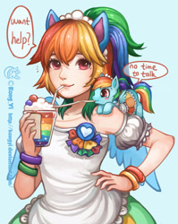 Size: 2185x2745 | Tagged: safe, artist:kongyi, derpibooru import, rainbow dash, human, pony, g4, clothes, crossover, eared humanization, female, human ponidox, humanized, micro, robin douglas, self paradox, self ponidox, starswirl academy, tiny, tiny ponies, winged humanization, wings