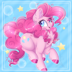 Size: 2449x2449 | Tagged: safe, artist:pvrii, derpibooru import, pinkie pie, earth pony, pony, g4, chest fluff, colored hooves, cute, diapinkes, ear fluff, ears, female, happy, hooves, leg fluff, open mouth, solo, stars