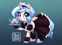 Size: 2700x1950 | Tagged: safe, artist:starshinebeast, derpibooru import, oc, oc only, oc:opuscule antiquity, pony, unicorn, clothes, cup, cute, female, food, french maid, horn, looking at you, maid, mare, ocbetes, platter, smiling, solo, spoon, sugar (food), tea set, teacup, teapot