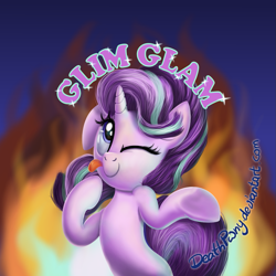 Size: 1071x1071 | Tagged: safe, artist:deathpwny, derpibooru import, starlight glimmer, pony, unicorn, g4, cute, female, fire, glim glam, glimmerbetes, horn, mare, one eye closed, silly, silly pony, solo, tongue, tongue out, wink