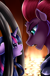 Size: 2000x3000 | Tagged: safe, artist:crecious, derpibooru import, tempest shadow, twilight sparkle, twilight sparkle (alicorn), alicorn, pony, unicorn, g4, my little pony: the movie, broken horn, cage, duo, female, horn, looking at each other, looking at someone, mare, open mouth, open up your eyes, scene interpretation