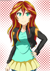 Size: 1748x2480 | Tagged: safe, artist:achaoticdotstar, derpibooru import, sunset shimmer, human, equestria girls, g4, clothes, female, human coloration, jacket, leather, leather jacket, looking at you, solo