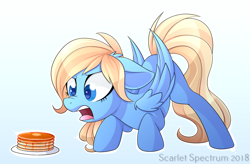 Size: 1336x874 | Tagged: safe, artist:scarlet-eclipse, artist:scarlet-spectrum, derpibooru import, oc, oc only, oc:lusty symphony, pegasus, pony, commission, digital art, disgusted, ears, female, floppy ears, food, gradient background, mare, open mouth, pancakes, signature, simple background, solo, ugh