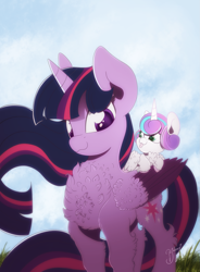 Size: 1475x2000 | Tagged: safe, artist:hagalazka, derpibooru import, princess flurry heart, twilight sparkle, twilight sparkle (alicorn), alicorn, pony, g4, :3, :p, aunt and niece, auntie twilight, baby, baby pony, chest fluff, colored pupils, colored wings, colored wingtips, cute, duo, female, filly, fluffy, flurry heart riding twilight, flurrybetes, foal, leaning, leg fluff, mare, multicolored wings, neck fluff, ponies riding ponies, riding, riding a pony, silly, smiling, tongue, tongue out, wing fluff, wings