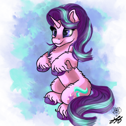 Size: 2000x2000 | Tagged: safe, artist:stainedglasslighthea, derpibooru import, starlight glimmer, pony, unicorn, g4, chest fluff, cute, female, fluffy, glimmerbetes, horn, sitting, solo, unshorn fetlocks