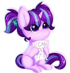 Size: 2393x2506 | Tagged: safe, artist:fleetyarrowdraw, derpibooru import, starlight glimmer, pony, unicorn, g4, cute, female, filly, filly starlight glimmer, foal, glimmerbetes, heart, heart eyes, horn, message, pigtails, positive ponies, sitting, solo, wingding eyes, younger