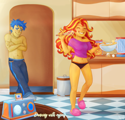 Size: 1764x1694 | Tagged: safe, artist:mn27, derpibooru import, flash sentry, sunset shimmer, equestria girls, g4, abs, adorasexy, belly, belly button, black underwear, clothes, commission, cute, dancing, duo, eyes closed, female, flashimmer, male, morning, nudity, panties, partial nudity, sexy, shipping, short shirt, slippers, smiling, sockpuppeting in the comments, straight, topless, underwear, whisk