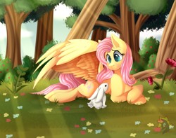 Size: 1024x805 | Tagged: safe, artist:calamity-studios, derpibooru import, angel bunny, fluttershy, pegasus, pony, rabbit, g4, animal, crepuscular rays, cute, duo, female, flower, forest, grass, mare, nature, shyabetes, smiling, spread wings, tree, wings