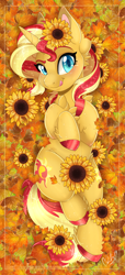 Size: 3369x7407 | Tagged: safe, artist:pvrii, derpibooru import, sunset shimmer, pony, unicorn, g4, autumn, chest fluff, cloven hooves, colored hooves, cute, cutie mark, ear fluff, ears, female, flower, flower in hair, hooves, horn, leaf, leg fluff, looking at you, lying down, mare, on back, shimmerbetes, smiling, solo, sunflower, tongue, tongue out