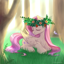 Size: 3000x3000 | Tagged: safe, artist:niia56, derpibooru import, fluttershy, butterfly, pegasus, pony, g4, colored hooves, crepuscular rays, cute, eyes closed, female, floral head wreath, flower, folded wings, grass, head turn, head turned, hooves, lying down, mare, outdoors, prone, shyabetes, smiling, solo, three quarter view, tree, unshorn fetlocks, wings