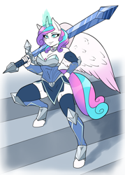 Size: 1500x2100 | Tagged: safe, artist:ambris, derpibooru import, princess flurry heart, alicorn, anthro, unguligrade anthro, g4, armor, armpits, bare shoulders, biceps, big breasts, blushing, boots, bracer, breasts, busty princess flurry heart, cleavage, clothes, commission, confident, curved horn, ear piercing, fantasy class, female, greatsword, heart, hooves, horn, jewelry, muscles, muscular female, necklace, older, older flurry heart, piercing, pose, shoes, shoulderless, solo, stairs, stupid sexy princess flurry heart, sword, thigh boots, thighs, tight clothing, unconvincing armor, warrior, warrior flurry heart, weapon, zettai ryouiki