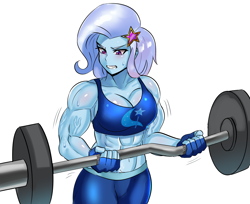 Size: 3000x2450 | Tagged: safe, artist:tzc, derpibooru import, trixie, human, equestria girls, g4, clothes, commission, female, fetish, grand and muscular trixie, gritted teeth, muscle fetish, muscles, muscular female, simple background, sports bra, sweat, teeth, vein, weight lifting, weights, white background, workout, workout outfit