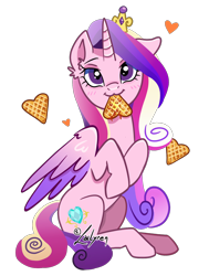 Size: 1128x1491 | Tagged: safe, artist:lailyren, derpibooru import, princess cadance, alicorn, pony, g4, :3, blushing, cute, cutedance, digital art, female, food, heart, looking at you, mare, one ear down, signature, simple background, smiling, solo, transparent background, waffle