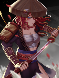 Size: 3150x4150 | Tagged: safe, artist:tzc, derpibooru import, sunset shimmer, equestria girls, g4, 1270s, 13th century, anime, breasts, east asia, female, feminism, ghost of tsushima, japan, katana, kenjutsu, martial artist, martial arts, middle ages, mongol invasions and conquests, samurai, sword, weapon