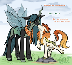 Size: 1100x1000 | Tagged: safe, alternate version, artist:purplegrim40, derpibooru import, autumn blaze, queen chrysalis, changeling, kirin, g4, alternate design, autumn chrysalis, clothes, crack shipping, curly hair, curly mane, duo, female, holeless, interspecies, kiss on the lips, kissing, leonine tail, lesbian, scarf, shipping, tail, what if