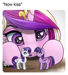 Size: 1084x1200 | Tagged: safe, alternate version, artist:lailyren, derpibooru import, princess cadance, rarity, twilight sparkle, twilight sparkle (alicorn), alicorn, pony, g4, alternate character, female, heart, heart eyes, lesbian, now kiss, rarilight, shipper on deck, shipping, toy, wingding eyes