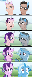 Size: 1720x4128 | Tagged: safe, artist:axiomtf, artist:zeydaan, derpibooru import, starlight glimmer, trixie, human, pony, unicorn, g4, bust, character to character, comic, duo, fake ears, female, glasses, high res, horn, human male, human to pony, light skin, male, male to female, mare, moderate dark skin, portrait, rule 63, show accurate, species swap, transformation, transformation sequence, transgender transformation