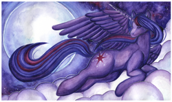 Size: 1024x605 | Tagged: safe, artist:therabbitfollower, derpibooru import, twilight sparkle, twilight sparkle (alicorn), alicorn, pony, g4, female, flying, full moon, mare, moon, solo