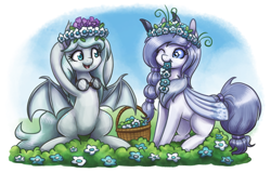 Size: 2500x1600 | Tagged: safe, artist:king-kakapo, derpibooru import, oc, oc only, bat pony, moth, mothpony, original species, pony, g4, basket, belly, duo, duo female, female, floral head wreath, flower, flower in hair, goggles, looking at each other, looking at someone, mare, mouth hold, one eye closed, open mouth, open smile, outdoors, secret santa, smiling, smiling at each other