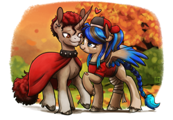 Size: 1845x1280 | Tagged: safe, artist:king-kakapo, derpibooru import, oc, oc only, pegasus, pony, unicorn, autumn, band-aid, bandage, baseball cap, braid, braided tail, cap, cape, clothes, collar, curved horn, duo, duo male and female, ear piercing, earring, emanata, female, hat, heart, horn, jewelry, looking at each other, looking at someone, male, mare, oc x oc, outdoors, piercing, secret santa, shirt, smiling, smiling at each other, stallion, straight, tail, unshorn fetlocks