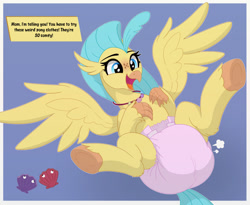 Size: 1999x1637 | Tagged: safe, artist:nineplusten, derpibooru import, princess skystar, hippogriff, g4, air pushed out of diaper, diaper, diaper fetish, fetish, implied queen novo, lying down, on back, open mouth, open smile, passepartout, poofy diaper, shelldon, shelly, smiling, solo