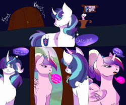 Size: 3150x2607 | Tagged: safe, artist:earth.loser, derpibooru import, princess cadance, shining armor, comic:friendship is pointless, g4, bust, canterlot, door, flower vase, portrait, speech bubble, young cadance