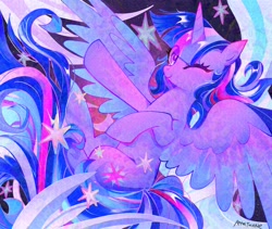 Size: 2048x1726 | Tagged: safe, alternate version, artist:petaltwinkle, derpibooru import, twilight sparkle, twilight sparkle (alicorn), alicorn, pony, g4, abstract background, adversarial noise, bangs, blushing, colored, colored wings, colored wingtips, detailed, ear blush, eye clipping through hair, eyelashes, female, flying, glazed, horn, horn blush, long mane, long tail, looking at you, mare, multicolored mane, multicolored tail, multicolored wings, nose blush, one eye closed, purple coat, purple eyes, raised hoof, raised leg, shiny coat, shiny eyes, shiny mane, shiny tail, signature, smiling, smiling at you, solo, sparkles, spread wings, stars, tail, unicorn horn, wingding eyes, wings