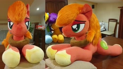 Size: 4032x2268 | Tagged: safe, artist:ponimalion, derpibooru import, big macintosh, pony, g4, bedroom eyes, indoors, irl, lidded eyes, life size, male, photo, pillow, plushie, smiling, stallion, tail, yoke