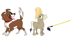 Size: 3000x2000 | Tagged: safe, artist:allthevectors, artist:moongazeponies, derpibooru import, edit, cranky doodle donkey, winona, dog, donkey, g4, female, gardening, hoe, male, pet, pun, tool, visual pun