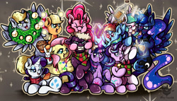 Size: 3500x2000 | Tagged: safe, artist:valemjj, derpibooru import, angel bunny, applejack, derpy hooves, fizzlepop berrytwist, fluttershy, pinkie pie, princess celestia, princess luna, rainbow dash, rarity, tempest shadow, twilight sparkle, twilight sparkle (alicorn), alicorn, earth pony, pegasus, pony, unicorn, g4, angel bunny is not amused, antlers, bell, bell collar, blushing, bottle, christmas, christmas lights, christmas wreath, clothes, collar, drunk, drunk bubbles, eggnog, emanata, forced smile, fruit cake, glass, holiday, holly, horn, mane six, narrowed eyes, red nose, redraw, reindeer antlers, scarf, smiling, tongue, tongue out, unamused, wine glass, wreath