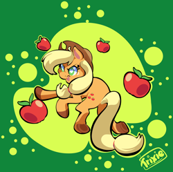 Size: 2748x2736 | Tagged: safe, artist:pumpkinraventrick, derpibooru import, applejack, earth pony, pony, g4, apple, colored hooves, female, food, frog (hoof), heart, heart eyes, high res, hooves, mare, open mouth, open smile, smiling, solo, underhoof, wingding eyes