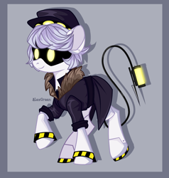 Size: 2816x2964 | Tagged: safe, artist:alexgreen, artist:лёша рыбаков, derpibooru import, pony, robot, robot pony, black and yellow, cap, clothes, coat, commission, disassembly drone, hat, high res, male, murder drones, n, passepartout, ponified, raised hoof, raised leg, serial designation n, smiling, solo, species swap, stallion, syringe, tail