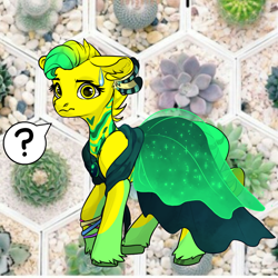 Size: 1024x1024 | Tagged: safe, derpibooru import, oc, oc only, earth pony, pony, avatar maker fantasy pony, bracelet, clothes, ears, earth pony oc, eyelashes, feather, floppy ears, flower background, golden eyes, green hooves, jewelry, looking at you, mare oc, neck design, question mark, solo, sparkles, sweat, sweatdrop, two toned mane, worried, yellow body