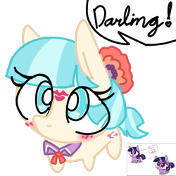 Size: 1920x1920 | Tagged: safe, artist:_butterscotch, derpibooru import, coco pommel, twilight sparkle, unicorn twilight, earth pony, pony, unicorn, g4, blush lines, blushing, chibi, clothes, cocobetes, cute, flower, horn, implied rarity, kiss mark, lipstick, necktie, reference, reference used, simple background, transparent background