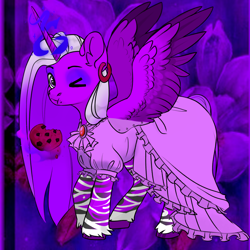 Size: 1024x1024 | Tagged: safe, derpibooru import, oc, oc only, alicorn, pony, alicorn oc, avatar maker fantasy pony, blue eyeshadow, blue magic, brooch, clothes, cookie, dress, ear piercing, earring, eating, eyeshadow, food, glowing, glowing horn, horn, jewelry, long mane, magic, makeup, mare oc, one eye closed, piercing, purple mane, purple skin, purple tail, solo, spread wings, stripes, tail, telekinesis, wings