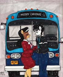 Size: 2504x3035 | Tagged: safe, artist:newyorkx3, derpibooru import, oc, oc:crystal, oc:tommy, anthro, earth pony, bus, christmas, clothes, dress, duo, duo male and female, eyes closed, female, grin, high res, holiday, looking at each other, looking at someone, male, mare, marker drawing, merry christmas, outdoors, present, smiling, smiling at each other, snow, snowfall, stallion, straight, traditional art