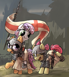 Size: 1520x1692 | Tagged: safe, artist:uteuk, derpibooru import, apple bloom, scootaloo, sweetie belle, earth pony, pegasus, pony, unicorn, g4, 1190s, 12th century, armor, crusader, cutie mark crusaders, fantasy class, female, flag, helmet, horn, knight, knights templar, mare, middle ages, outdoors, paladin, ponies riding ponies, riding, riding a pony, spear, sword, warrior, weapon