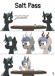 Size: 3840x5310 | Tagged: safe, artist:japkozjad, derpibooru import, oc, changeling, deer, 3 panel comic, changeling oc, comic, deer oc, disguise, disguised changeling, food, non-pony oc, pun, salt shaker, shapeshifting, simple background, smartass, table, unnamed oc, visual pun