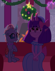 Size: 1550x2000 | Tagged: safe, artist:lnx1ynight16, derpibooru import, ocellus, oc, oc:lnx1y, changedling, changeling, original species, g4, bow, choker, christmas, christmas lights, clothes, distracted, dress, elf ears, fire, fireplace, freckles, headband, hearth's warming, holiday, indoors, land overlander, lights, looking at someone, looking up, lounge, overlander, party, school of friendship, smiling