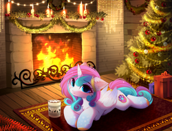 Size: 4504x3444 | Tagged: safe, artist:empress-twilight, derpibooru exclusive, derpibooru import, oc, oc only, oc:lovely promise, alicorn, pony, alicorn oc, blue eyes, blue wingtips, butt fluff, candle, cheek fluff, chest fluff, chocolate, christmas, christmas tree, colored hooves, colored wings, commission, detailed background, diadem, ear fluff, ears, eye clipping through hair, eyebrows, eyebrows visible through hair, eyelashes, feathered wings, fireplace, floppy ears, folded wings, food, gold hooves, gradient wings, gradient wingtips, headpiece, hearth's warming, hock fluff, holiday, hooves, horn, hot chocolate, indoors, jewelry, leg fluff, leg markings, lidded eyes, light pink coat, looking at you, lying down, marshmallow, mug, not flurry heart, pink coat, present, prone, regalia, rug, shiny hooves, shiny mane, shiny tail, smiling, smiling at you, solo, sploot, tail, tail jewelry, three quarter view, tree, two toned mane, two toned tail, two toned wings, unicorn horn, wings, wreath, ych result, yellow hooves