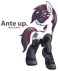 Size: 1645x2000 | Tagged: safe, artist:inlucidreverie, derpibooru import, oc, oc only, oc:blackjack, cyborg, pony, unicorn, fallout equestria, fallout equestria: project horizons, 2013, amputee, deal with it, fanfic art, female, horn, level 2 (project horizons), mare, prosthetic limb, prosthetics, simple background, small horn, solo, sunglasses, transparent background