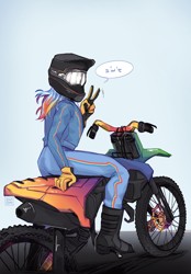 Size: 1256x1800 | Tagged: safe, artist:chimchiri, derpibooru import, rainbow dash, human, g4, female, helmet, humanized, looking at you, looking back, looking back at you, motorcycle, motorcycle helmet, outdoors, peace sign, pictogram, solo, speech bubble