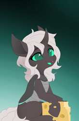 Size: 1600x2432 | Tagged: safe, artist:puginpocket, derpibooru import, oc, oc only, oc:kitu elder, changeling, changeling queen, bite mark, changeling oc, changeling queen oc, cheese, fangs, female, folded wings, food, gradient background, happy, looking offscreen, looking to side, looking to the right, open mouth, open smile, simple background, simple shading, sitting, smiling, smiling at someone, solo, wings