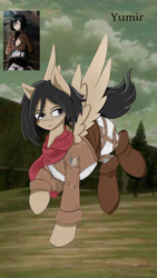 Size: 1080x1920 | Tagged: safe, artist:yumir, derpibooru import, pegasus, pony, anime, attack on titan, clothes, mikasa ackerman, outdoors, ponified, scarf, species swap